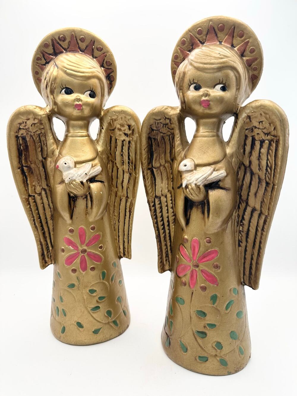 Holt Howard Vintage Gold Paper Mache Angel Holding Doves Painted Set of 2 Kitsch